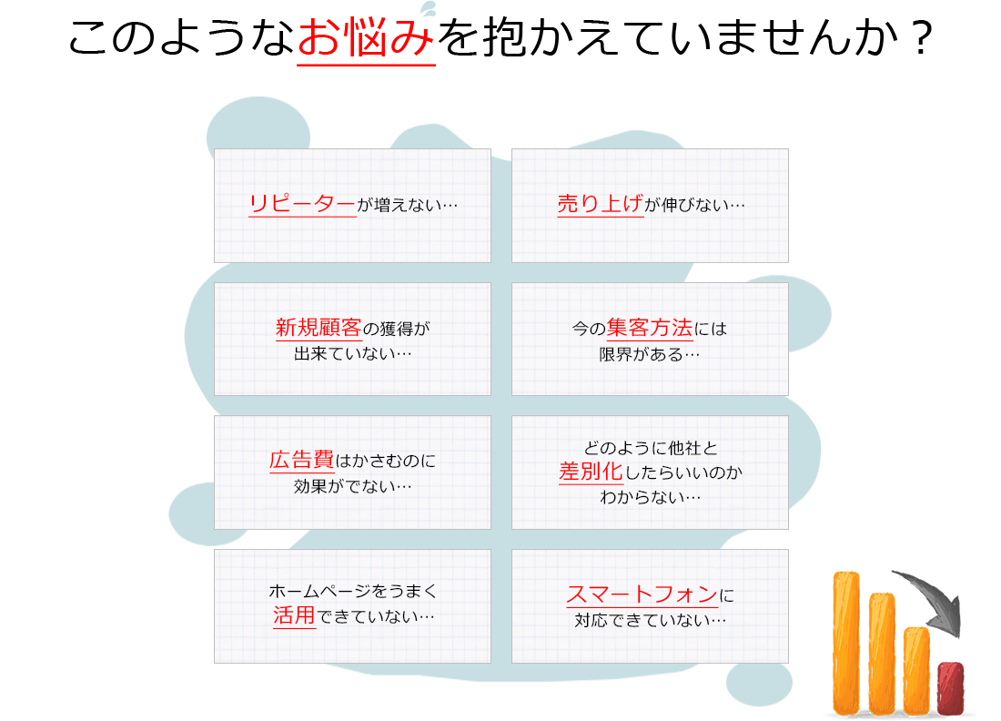 お悩みを抱えていませんか？1. リピーターが増えない。2. 売上が伸びない。3. 新規顧客の獲得が出来ていない。4. 今の集客方法には限界がある。5. 広告費がかさむのに効果が出ない。6. どのように他社と差別化したらいいのかわからない